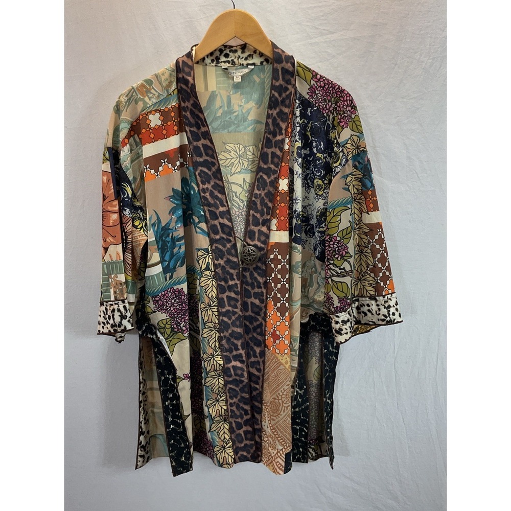 John Mark Patchwork Kimono Jacket Size M Boho Festival Sheer Art to wear Leopard